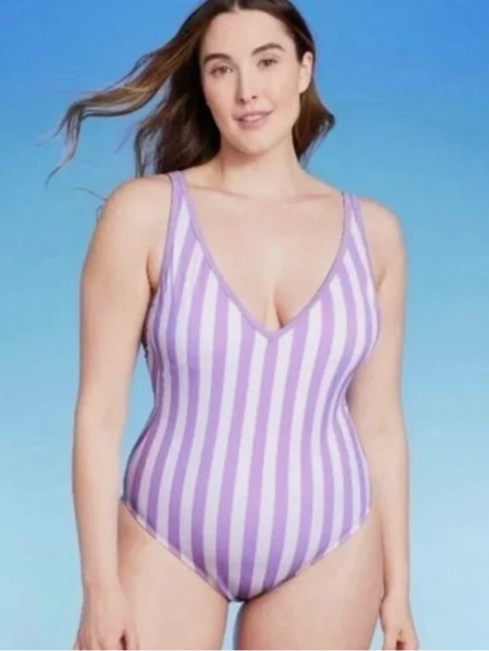 Kona Sol Women’s V Neck High Leg One Piece Swimsuit 18W Striped Built in Padding